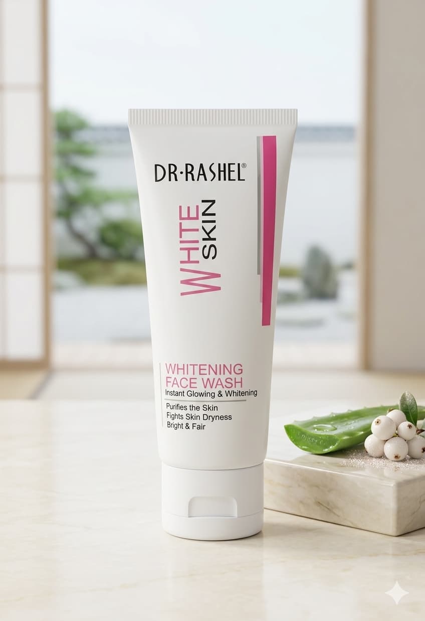 Dr. Rashel Whitening Face Wash, featuring a white tube with pink text and branding.