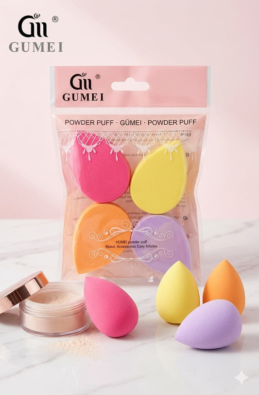 This GUMEI makeup sponge set includes four colorful beauty blenders in tear-drop and angled shapes.The latex-free sponges are designed for wet or dry application of liquid foundation and powder.The set is packaged in a resealable plastic bag